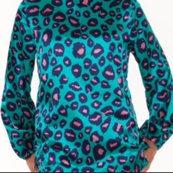 Satin Purple Teal Animal Print Long Sleeve Blouse - Picture 3 of 6